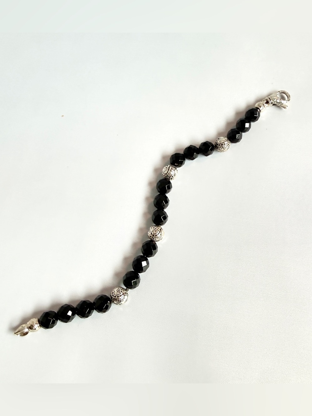 JAI Faceted Black Onyx Bead Bracelet with Sterling Silver Accent Beads (NEW)
